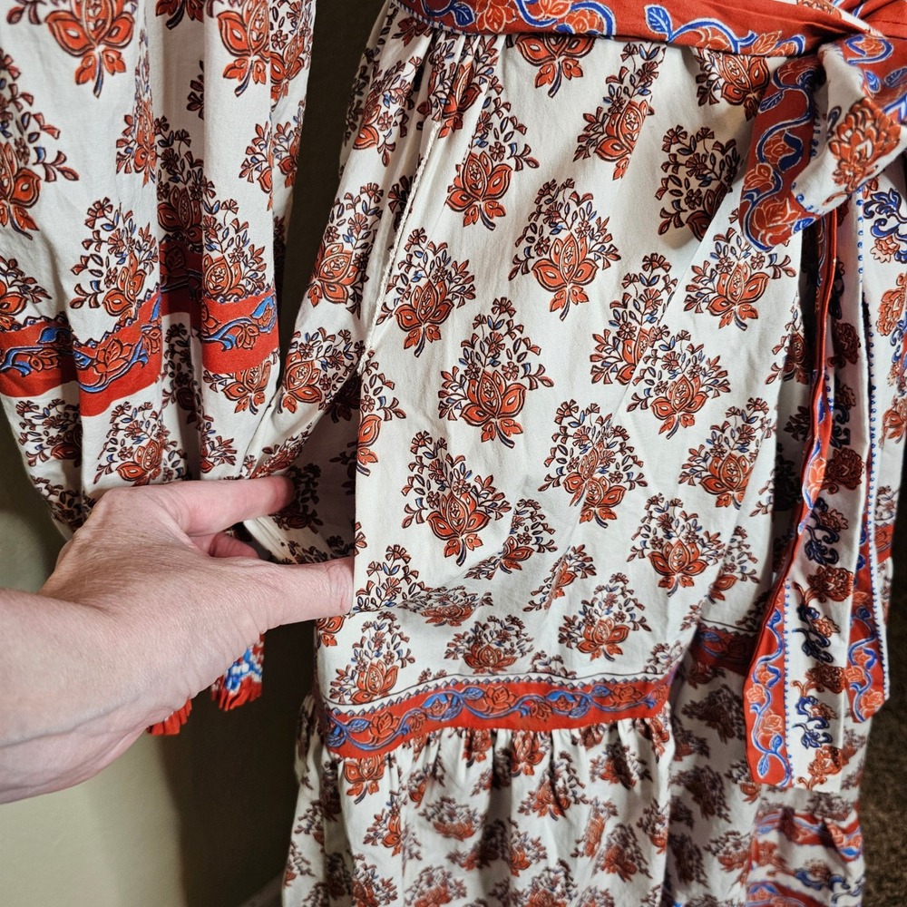 Love Wednesday Savanna BlockPrint Midi Dress Orange Ivory Blue Medium cotton - Picture 6 of 13